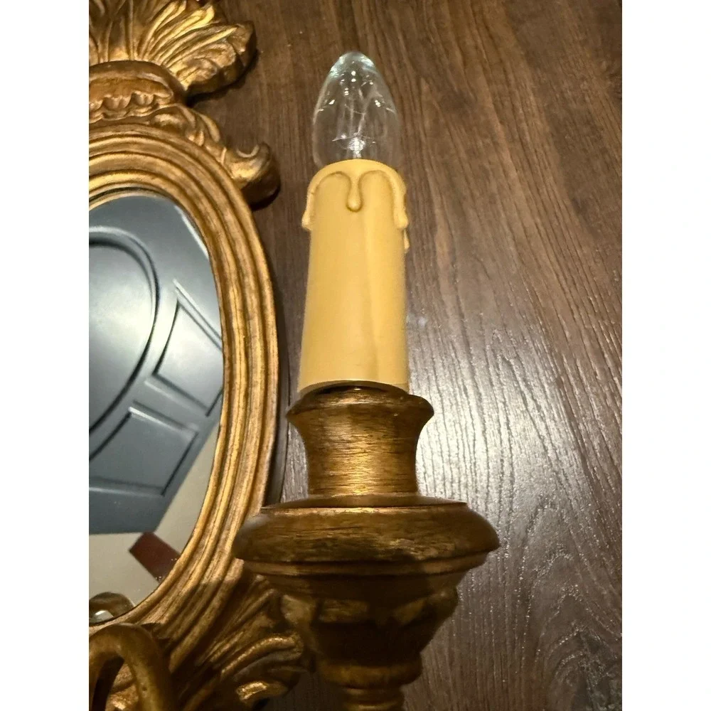 Vintage Italian Style Gilded Wooden Mirror Double Arm Light Wall Sconce